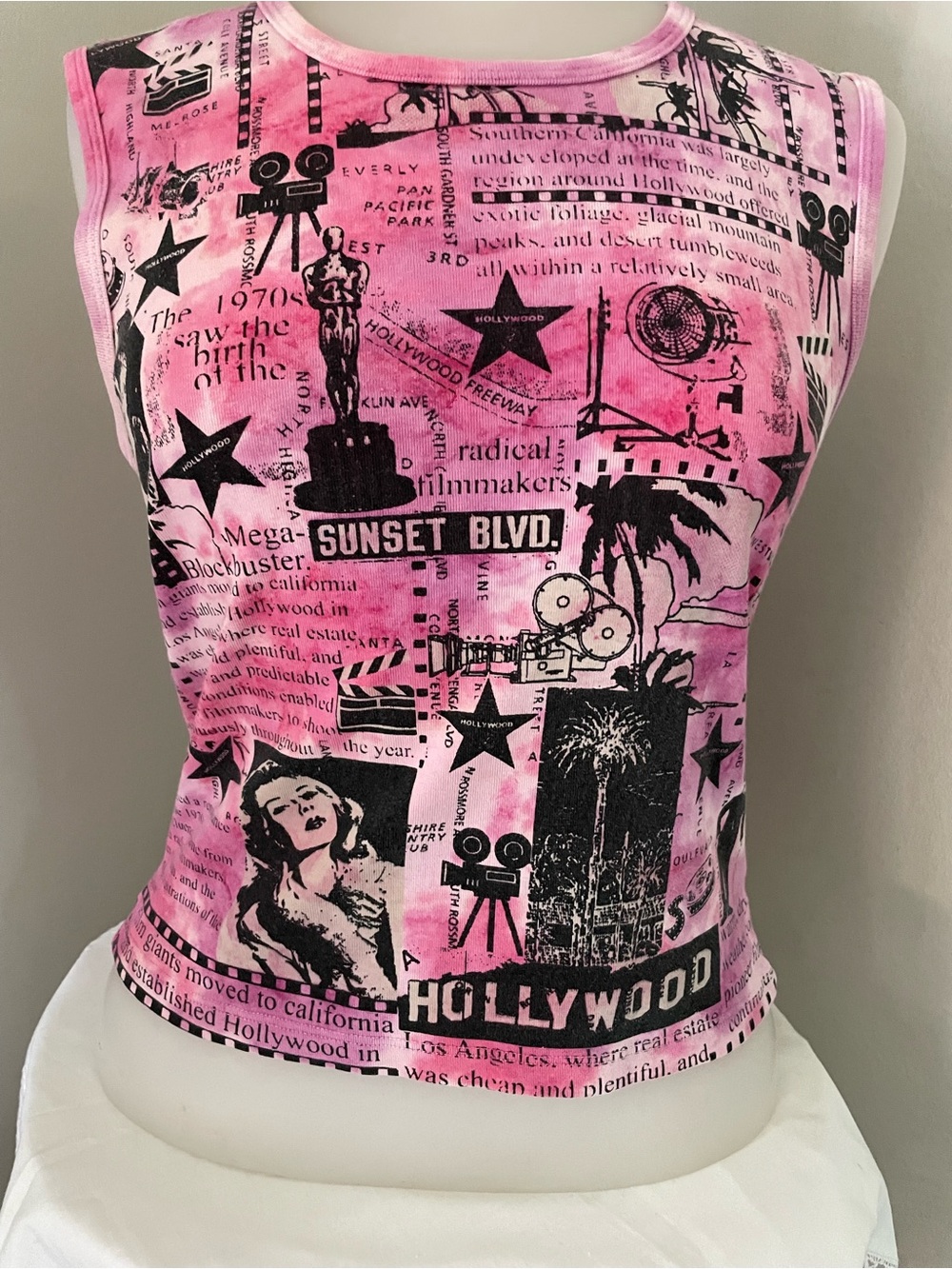 Vtg GLIMA Hollywood Newspaper Collage Pink Tank Top Y2K Grunge Punk Sz M